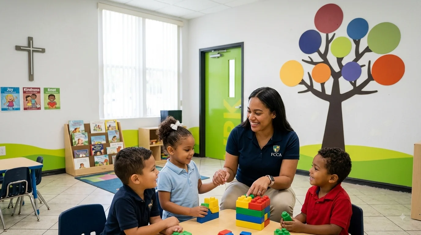 FCCA VPK teacher Roxana Cuesta with young students building with blocks in the VPK classroom